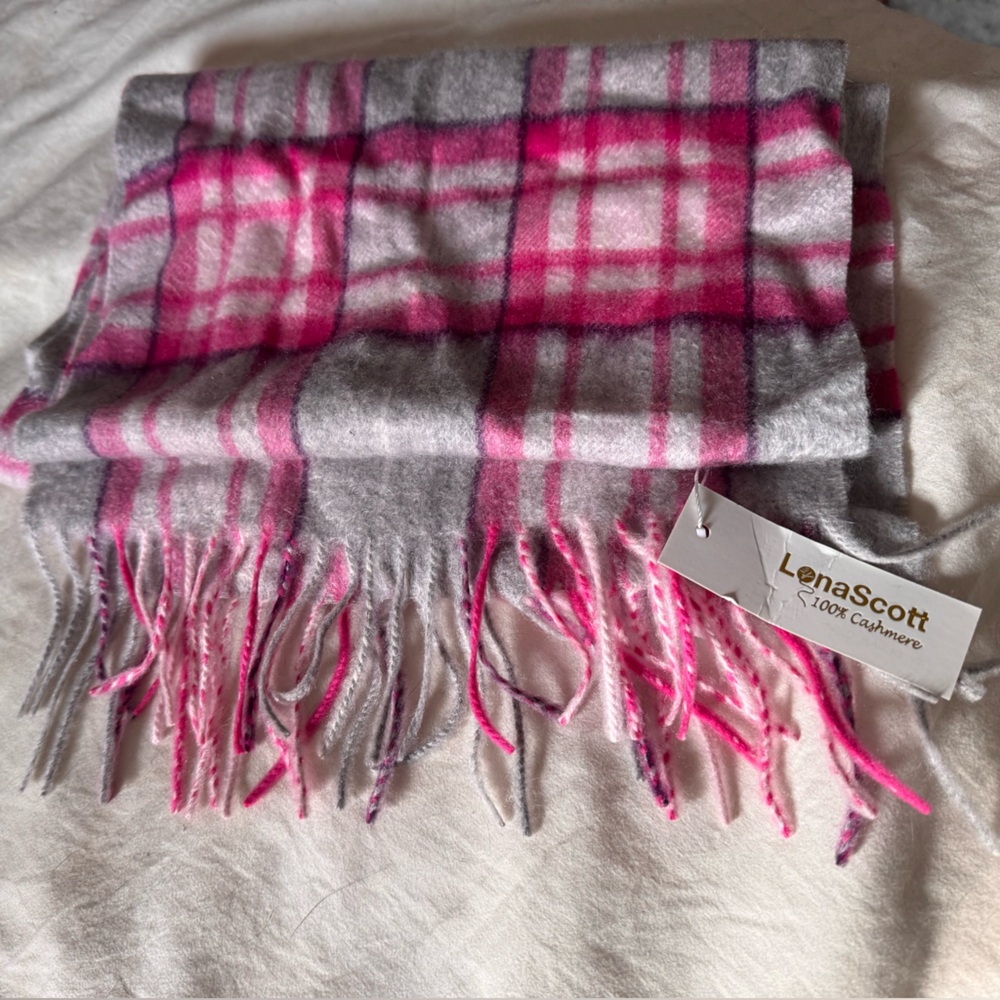 Cashmere Pink & Gray Plaid Fringe Scarf